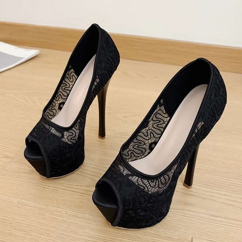 Liyke Fashion Design Embroidery Mesh Platform Pumps Women Sexy Sgback Shallow Peep Toe Pink High Heels Wedding Banquet Shoes