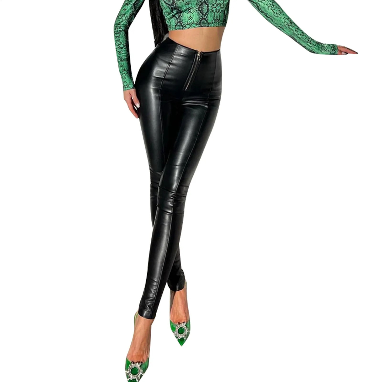 Women Trendy Rave High Waist Stretchy Pants Zipper Lined Slant Pocket Pu Leather Skinny Pants Casual Winter Cropped Trousers 250218