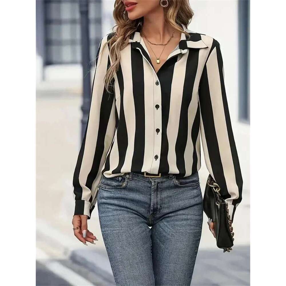Women Spring Autumn Style Blouses Shirts Lady Casual Long Sleeve Turn-Down Collar Striped Printed Blouse Top