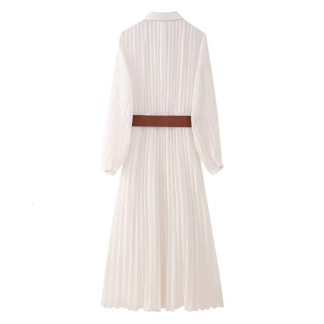 Pleated Shirt Women Belt Chiffon Midi Dresses For Sleeve Office Female Summer Long Dress Woman