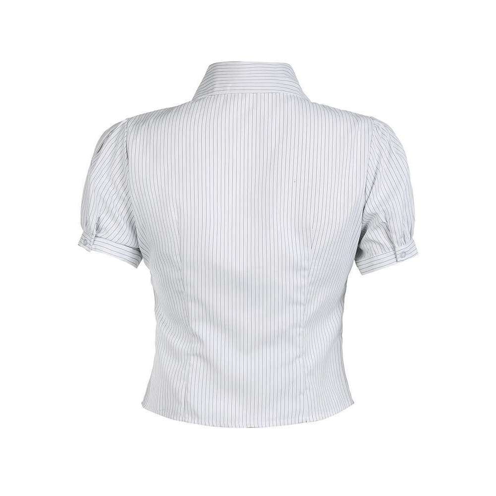 Sweetown White Stripe Puff Short Sleeve Button Shirts For Women Basic Simple Casual Seumme Preppy Tops Y2k Korean Clothes