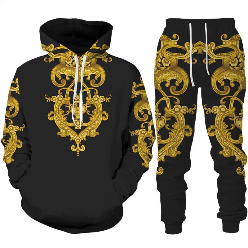 Baroque Court Style Hoodie/Suit Mens Golden Flower 3D Printed Sweatshirt Trousers Set Fashion Unisex Streetwear Clothing 250218