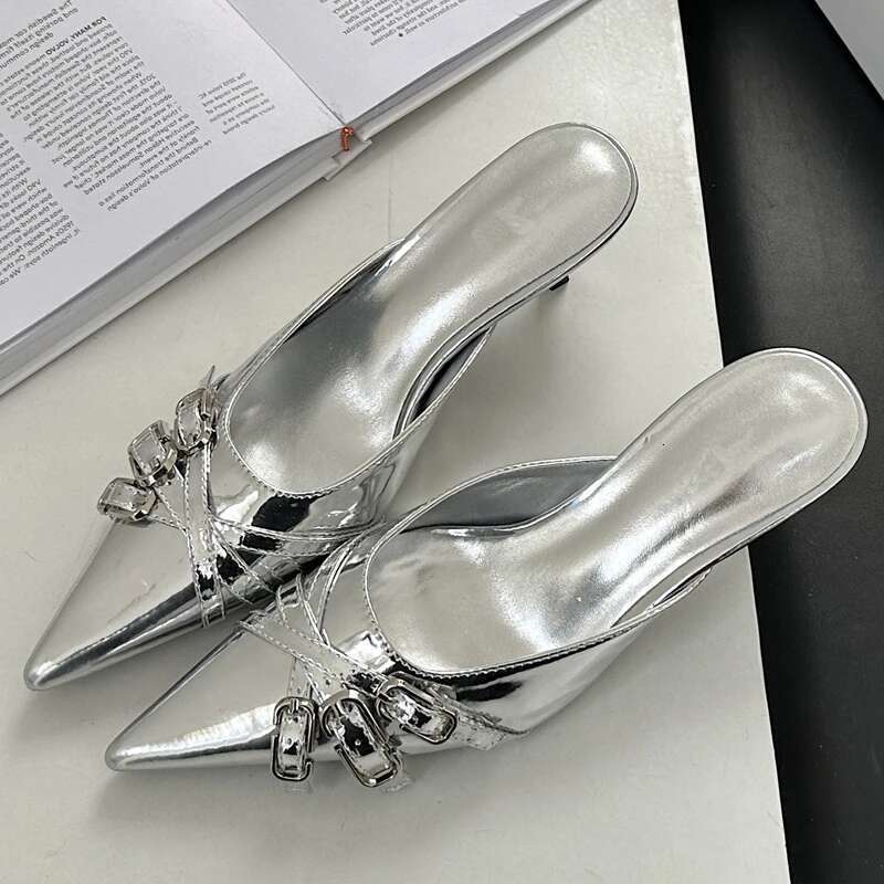 Fashion Narrow Band Buckle Strap Mule Women Slippers Elegant Pointed Toe Thin High Heels Banquet Prom Spring Shoes