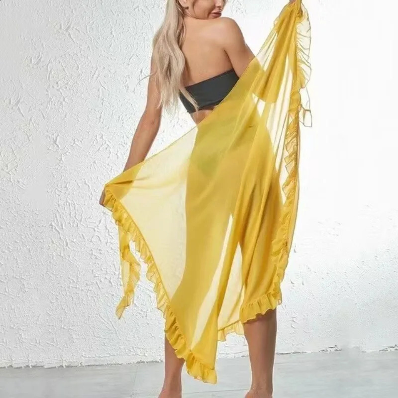 5 Colors Ruffle Sarong for Women 2024 Summer Solid Bikini Long Skirt Beach Dress Swimming Sun Protection Swim Cover Ups Monokini 250217