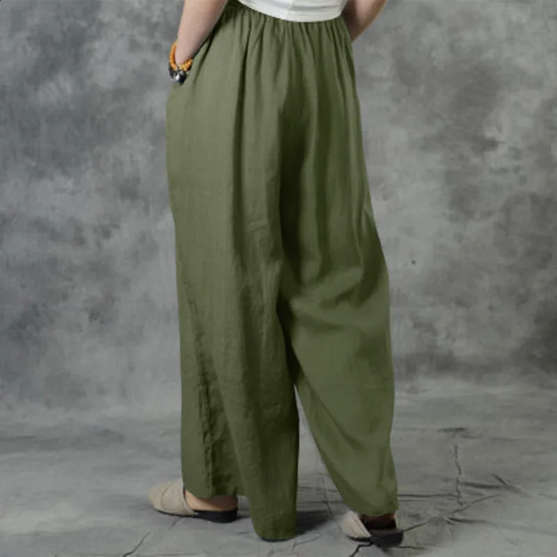 Summer Loose Size Casual Wide-Leg Pants Solid Color Cotton Linen Elastic Waist Pants Ladies Street Drawstring Trousers 250218