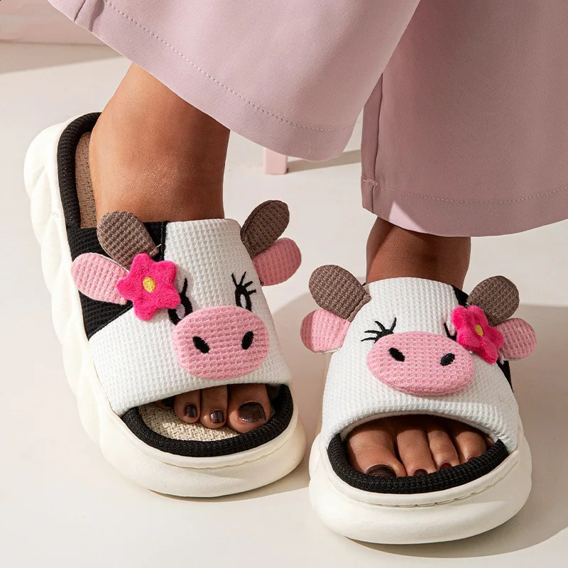 Cartoon Cute Cow House Slippers Women Platform Soft Sole Anti-slip Home Slides Woman Lightweight Warm Plush Indoor Cozy Slippers 250213