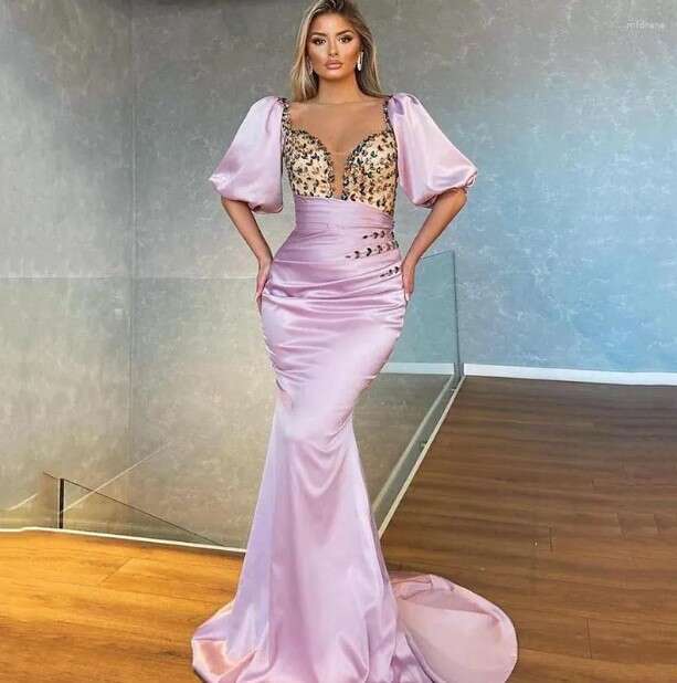 Party Dresses Half Sleeves Rhies Mermaid Evening Pleats Prom Dress Saudi Arabia Formal 0220