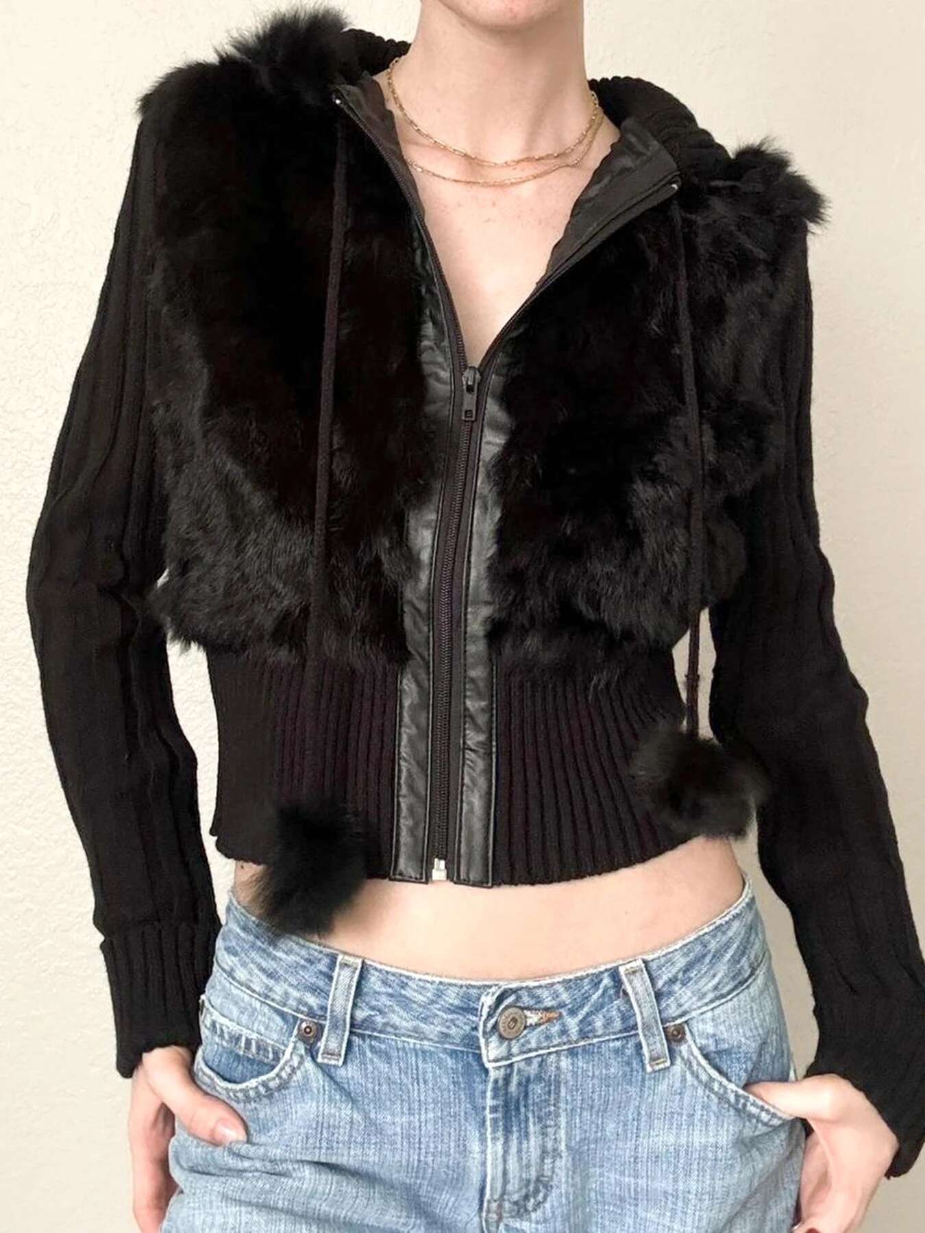 Cuteandpsycho Zip Up Fur Patchwork Drawstring Hoodie Coats Solid Vintage Winter Women's Jackets Casual Streetwear Basic Clothes