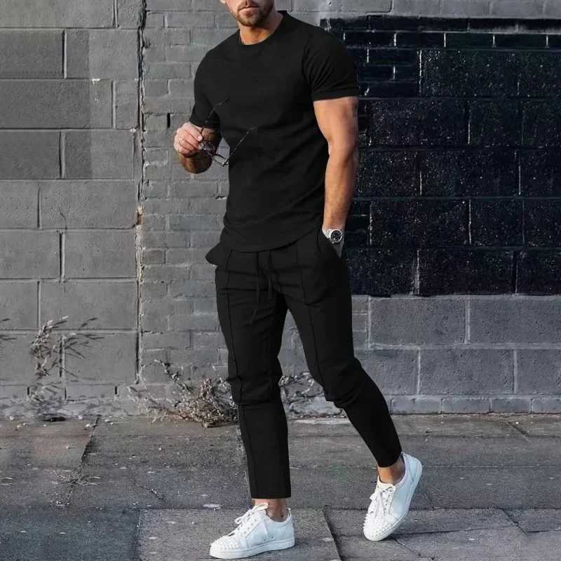 Sports Set Mens Fall 2023 Summer Solid Casual Round Neck Short Sleeve Sports T-shirt Two Piece Set for MenXJ250218