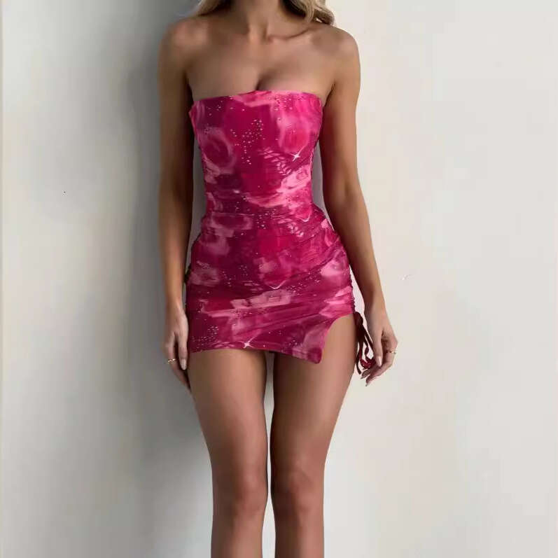 European American style summer sexy women's with strapless printing, slim fit, hip hing, slit short dress, 2025 new style, chic and elegant cloth