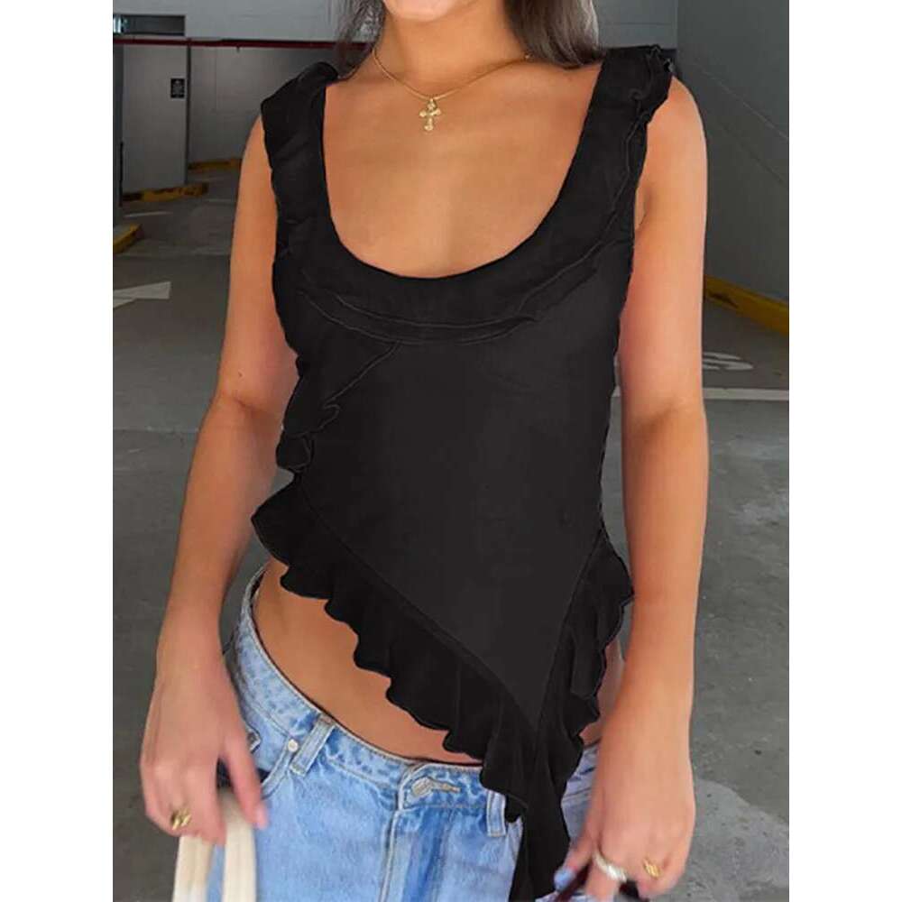 Vest Sexy Vest Fashion O-Neck Sleeveless Tank Top Sexy Ruffles Backless Irregular Crop Tops Summer Casual Streetwear Women Camis