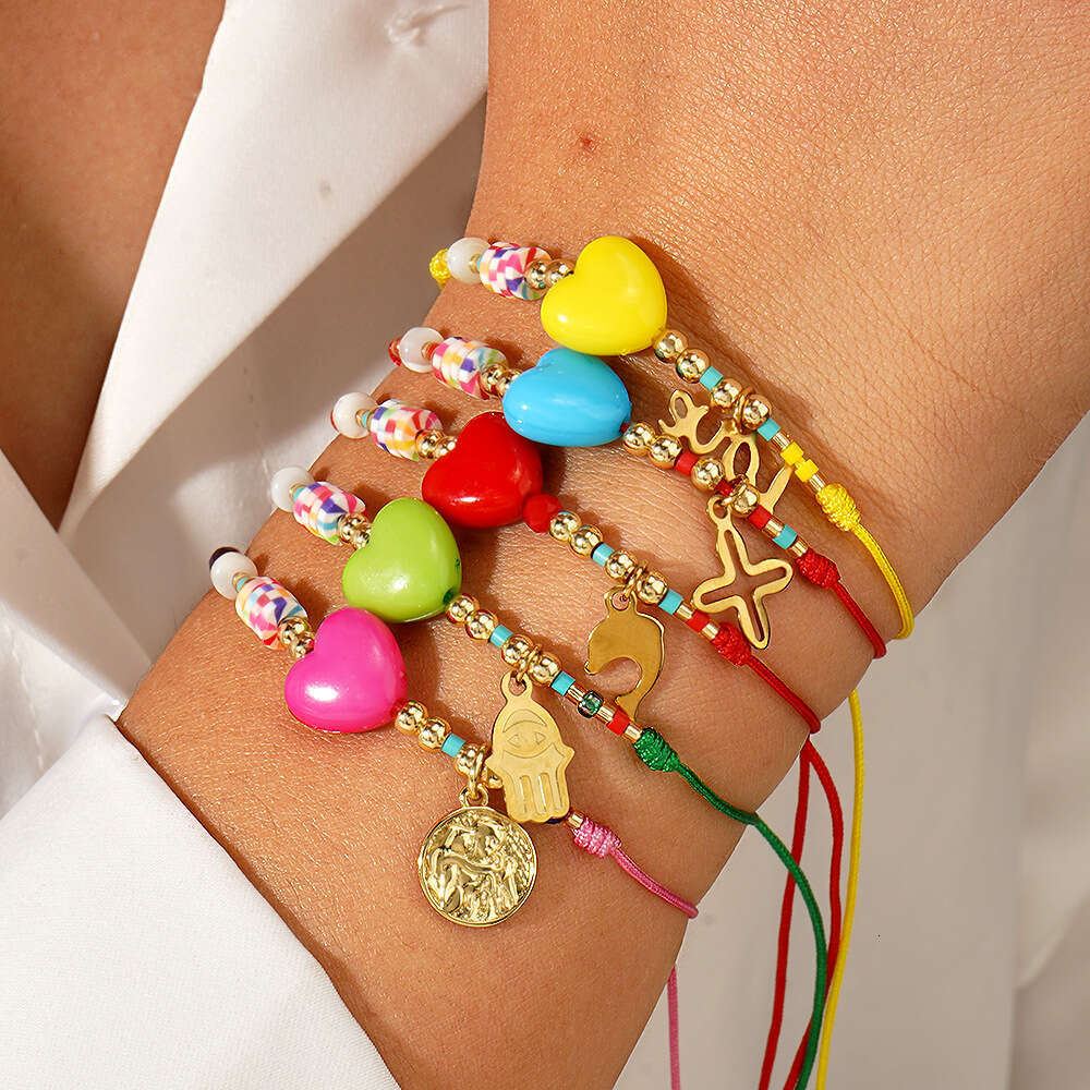 New Bohemian casual style colorful peach heart stainless steel palm LOVE fashion tag bracelet