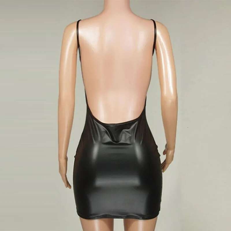 Women's Halter Open Back Fashion Solid Color Sexual Slim Sg Dress Imitation Leather Suspenders Black Brand New