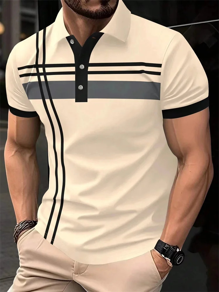 Fashion Stripe Print Polo T Shirt For Men Casual Lapel Loose Short Sleeve Tops Business Golf Clothing Comfortable Trend Tshirt 250219