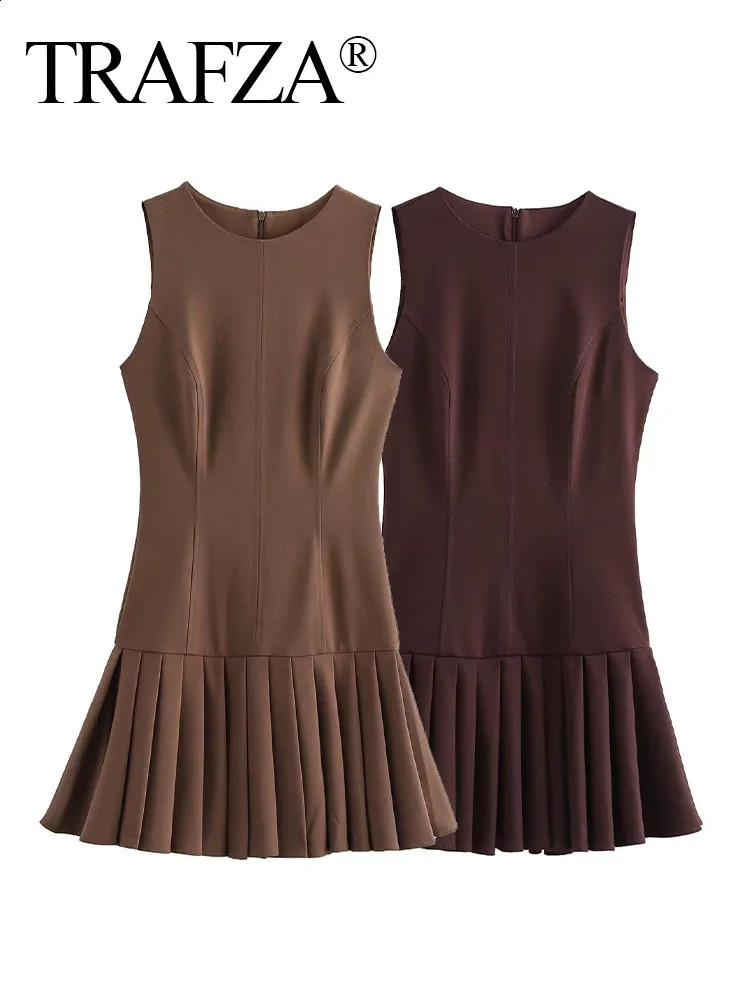 TRAFZA 2025 Fashion Woman Elegant High Street Slim Rear Zipper Pleated Dress Female Summer O-Neck Sleeveless Solid Mini Dress 250218