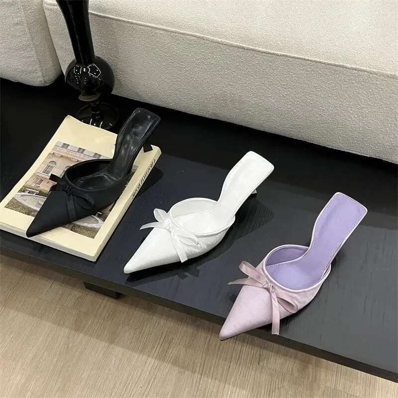 Spring Summer Silk Butterfly-knot Women's Slippers Sandals Pointed Toe High Heel Pumps Ladies Stripper Mules Shoe