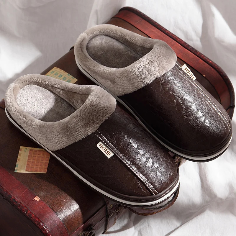 Mens Home Winter Indoor Warm Thick Bottom Plush Waterproof Leather House Man Slippers Cotton Flat Couple Shoes 250218