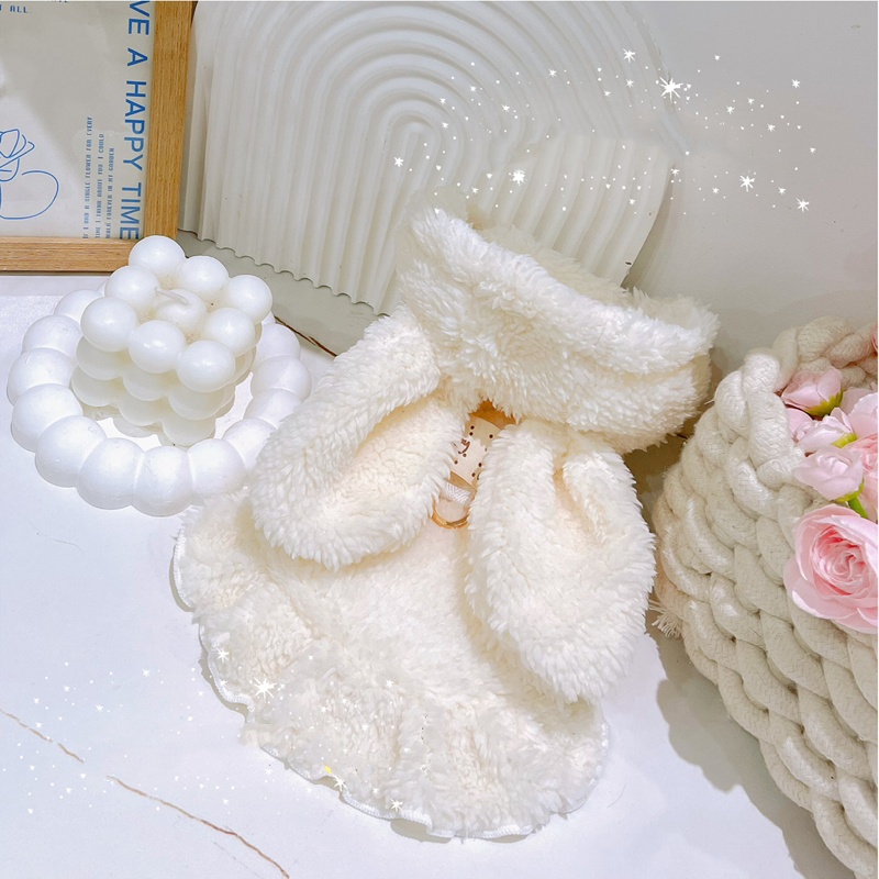 Winter Warm Dog Hooded Dresses with Cute Bunny Ears, Double-Layer Wool Fleece Dog Cozy Outfit for Yorkie, Teddy, Pomeranian Small Breeds XXS D2
