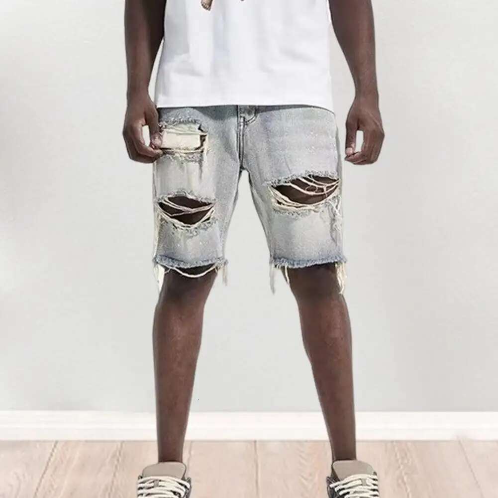 Men's Summer New Designer Denim Shorts Button Zipper Flyover Pocket Short Hip Hop Retro Sports Jeans Straight Tube Hole Knee Length