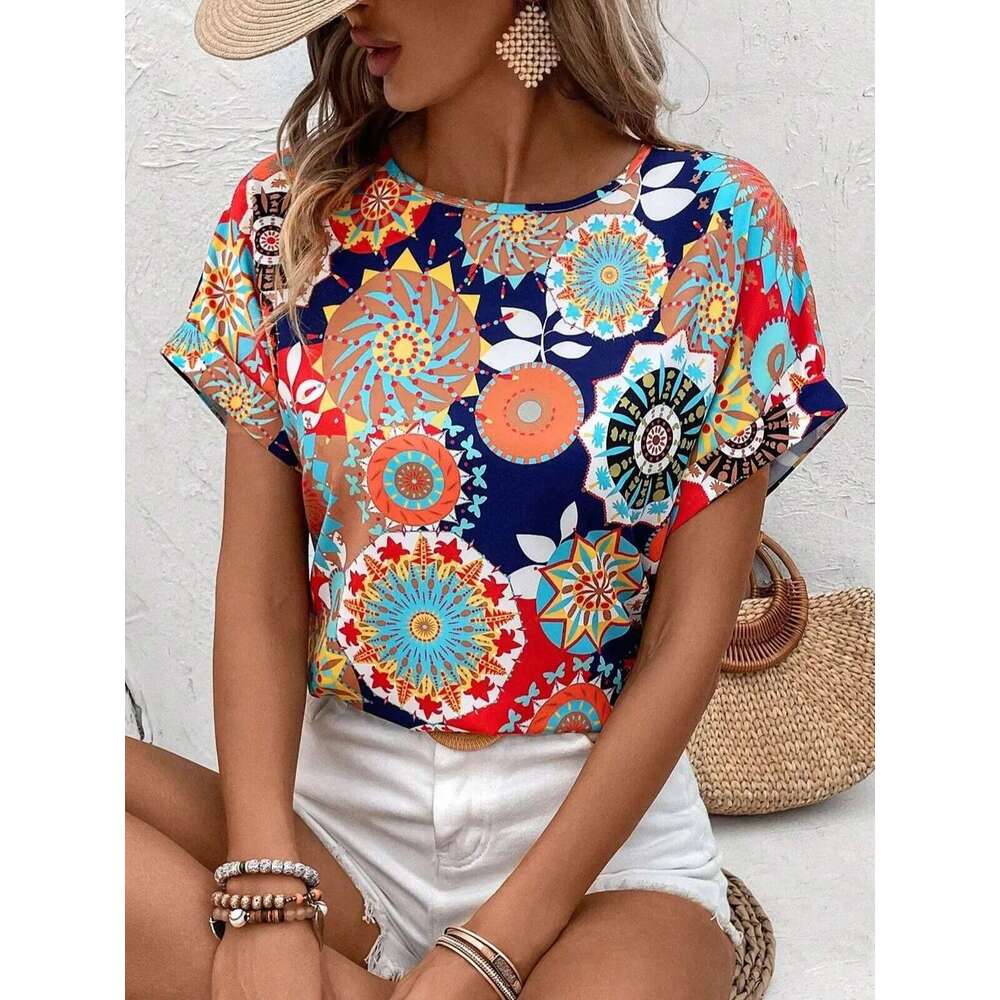 Elegant Fashionable Versatile Round Neck Printed Short Sleeved Shirt For European And American Women