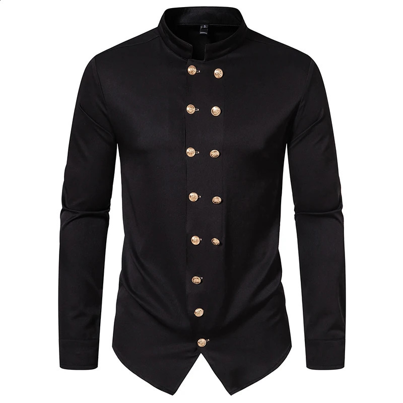 Men Long Sleeve Shirts Double Breasted Henry Collar Mens Dress Shirts Casual Male Clothes Chemise Shirt Homme Shirt S42 250214