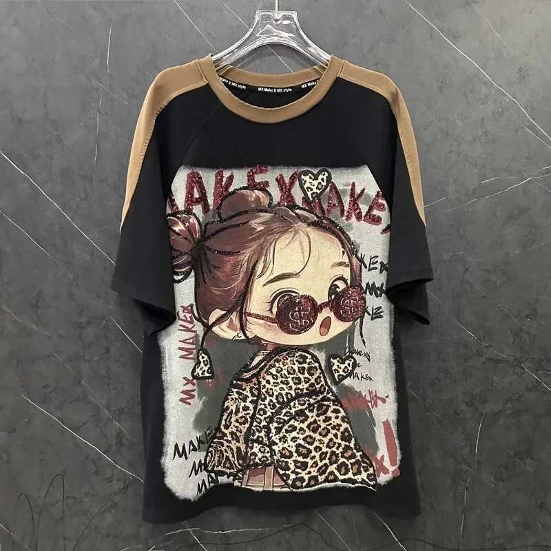 Popular Heavy Industry Design Cartoon Y2k Thick Pullovers Color Matching T-shirt Women's Loose Medium And Long Half-sleeved Tees