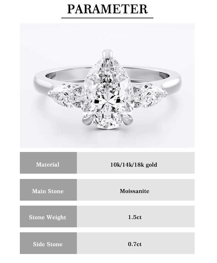 Luster Fine Jewelry Engagement 1.5ct D White Moissanite 10K 14K 18K Gold High Quality Pear Cut Moissanite Three Stone Ring