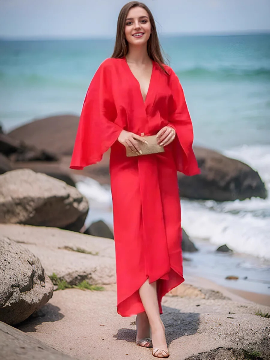 Fashion Solid Pleated Split Midi Dress For Women Elegant V-neck Flare Sleeves Loose Vestidos Summer Chic Vocation Vestidos 250218