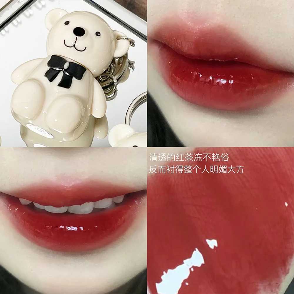 Keychain Lip Glaze Cute Bear Jelly Mirror Liquid Lipstick Waterproof Non-stick Cup Red Pink Lip Gloss Transparent Tinted MakeupW250219