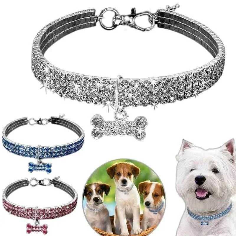 3 colors of rhinestone elastic dog collar necklace pet dog puppy kitten crystal collar with pendant pet supplies W250219