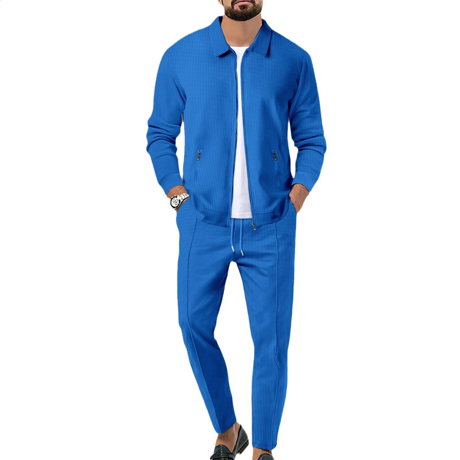 Men Two Piece Tracksuit Set Long Sleeve Zip Up Waffle Jacket Pants Set Loungewear Casual Daily 250218