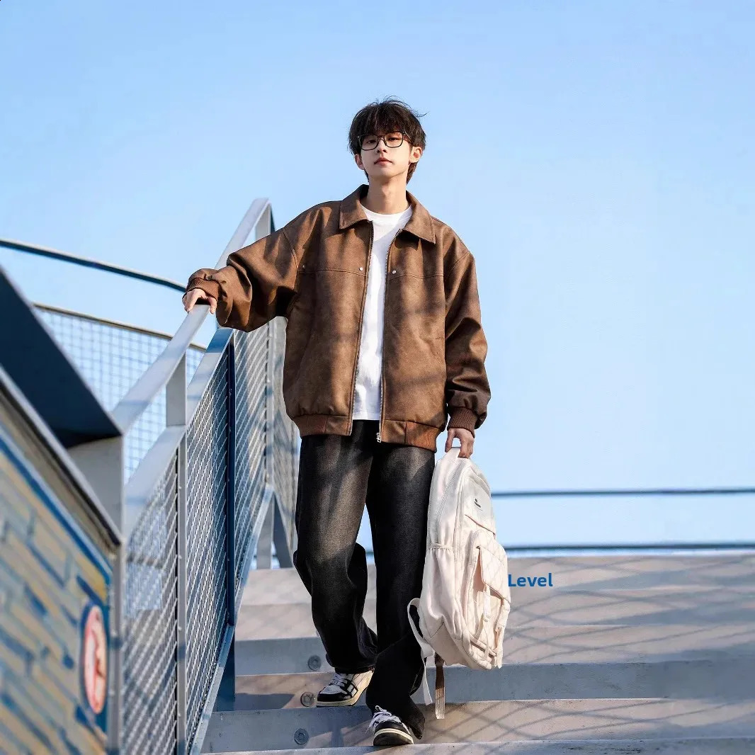 Maillard Brown Leather Jacket For Men Trendy Vintage American Style Loose Fit Fashion Coat Spring Autumn Winter Season 250214