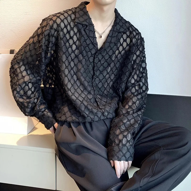 Autumn Mens Clothing Light Korean Dress Shirts Button-down Long Sleeve Solid Color Retro Hollow Out Leisure 250214