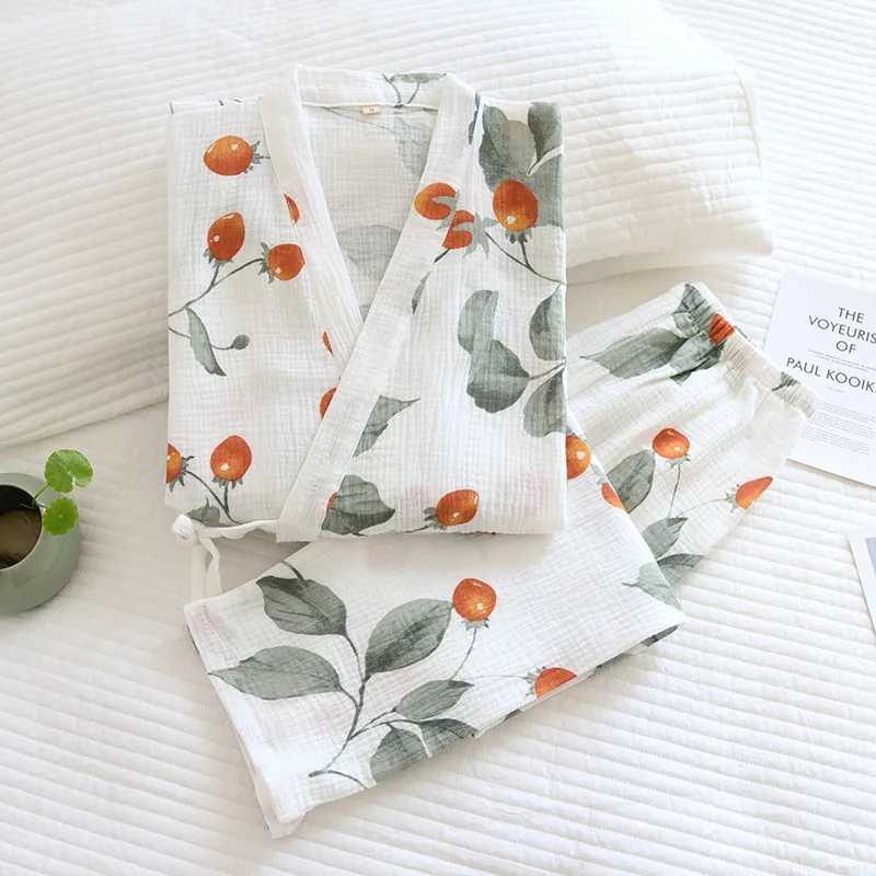 Spring/Summer Japanese Kimono Pajamas Women 100% Cotton Crepe Sleepwear Two-piece Three-quarter Sleeve Trousers Lounge Wear 2021 Z250219