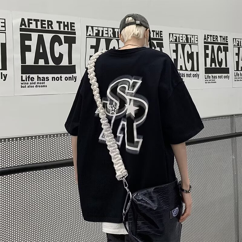 Solid Color Short Sleeved Summer New Designer T-shirt Fashionable Clothing Oversized Hip-hop Personality Retro American Commercial Street Men's C