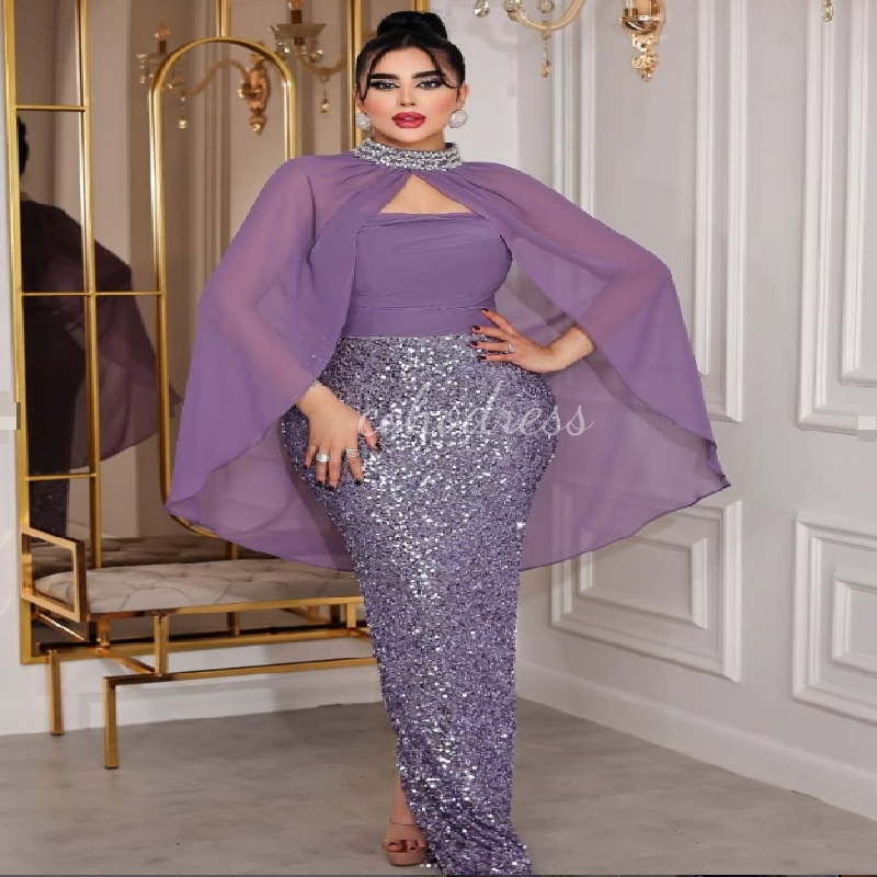 Plus Size Saudi Arabia Blue Evening Dress With Cape High Neck Mermaid Sequin Prom Dress 2025 Formal Occasion Party Wear Vestio De Fiesta 2025