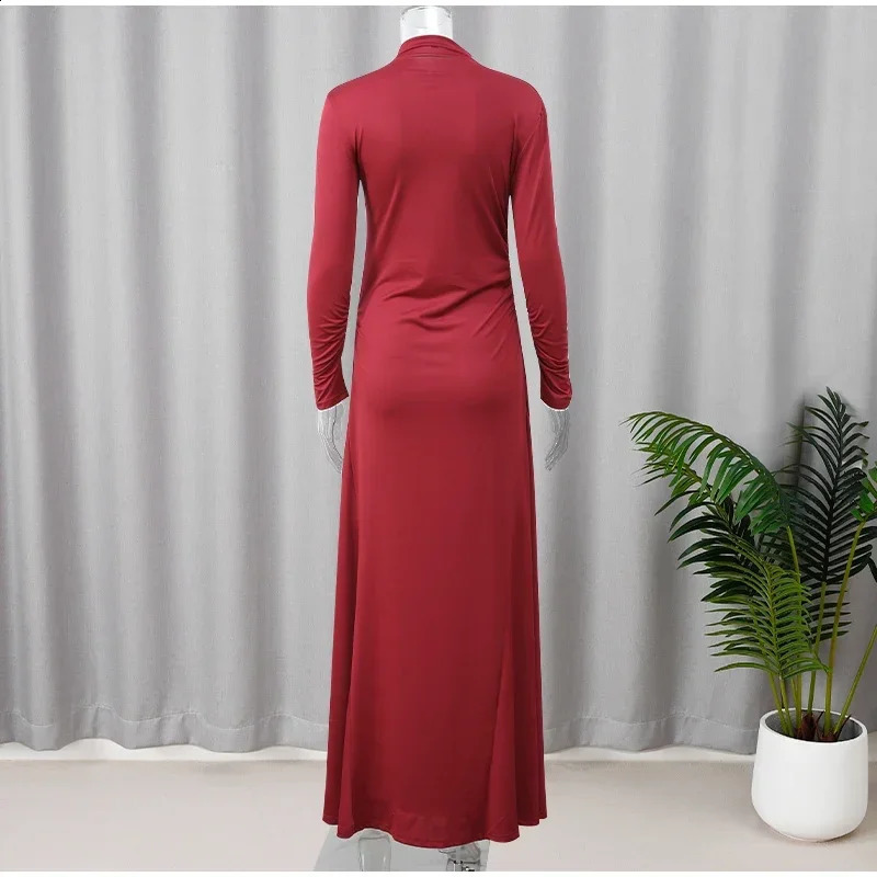 Lady Elegant Burgundy Mock Turtleneck Solid Maxi Dresses Fashion Long Sleeve Slim Hem Party Midi Robe Autumn Evening Dress Women 250218