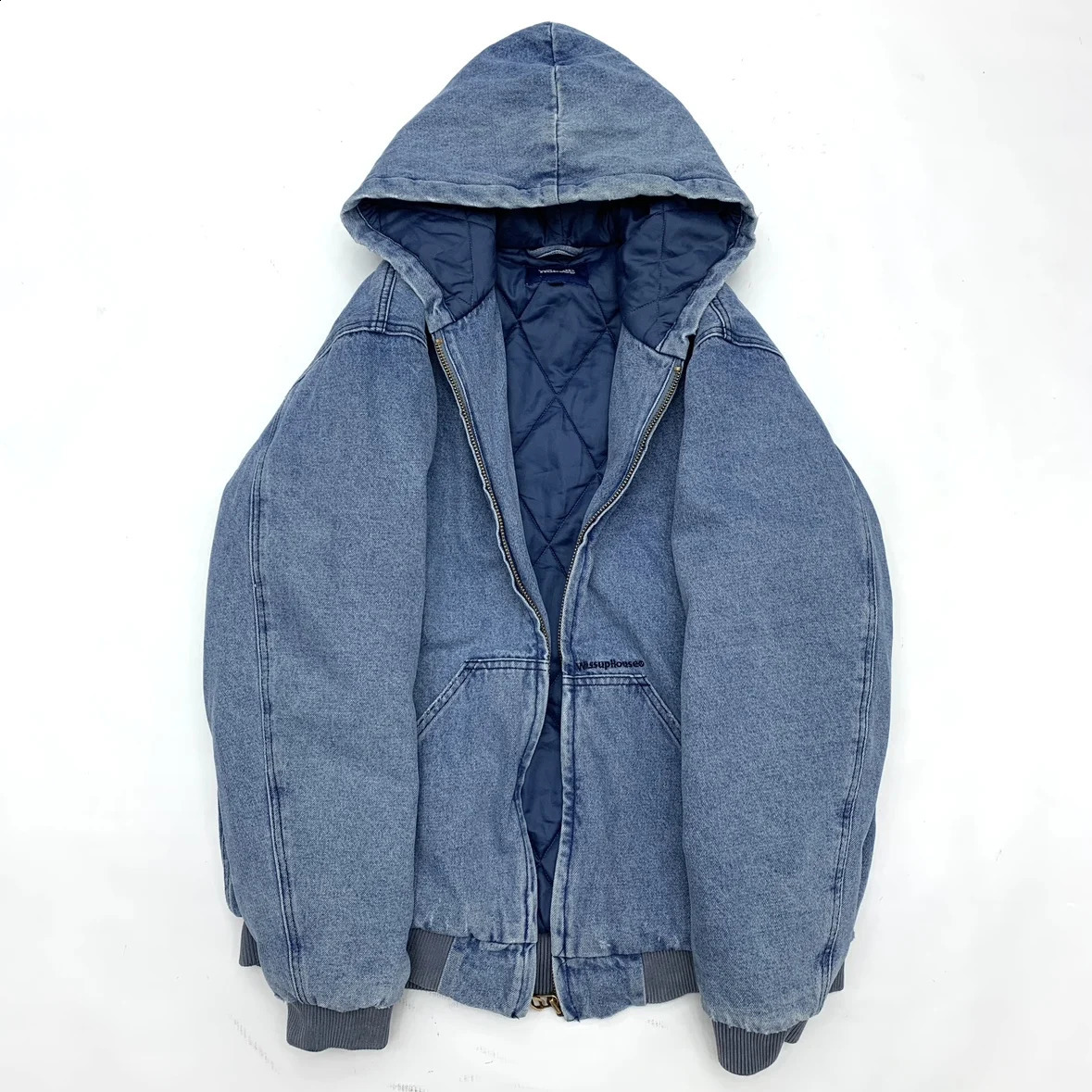 Mens thick cotton padded denim jacket washed zipper hooded loose cotton denim jacket for autumn and winter 250214