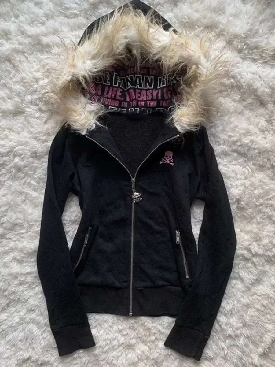 Y2K Black Fur Collar Zipper Hoodie Sexy Women Sweatshirt Haruku Goth Letter Graphic Print Slim Coat Winter Clothes