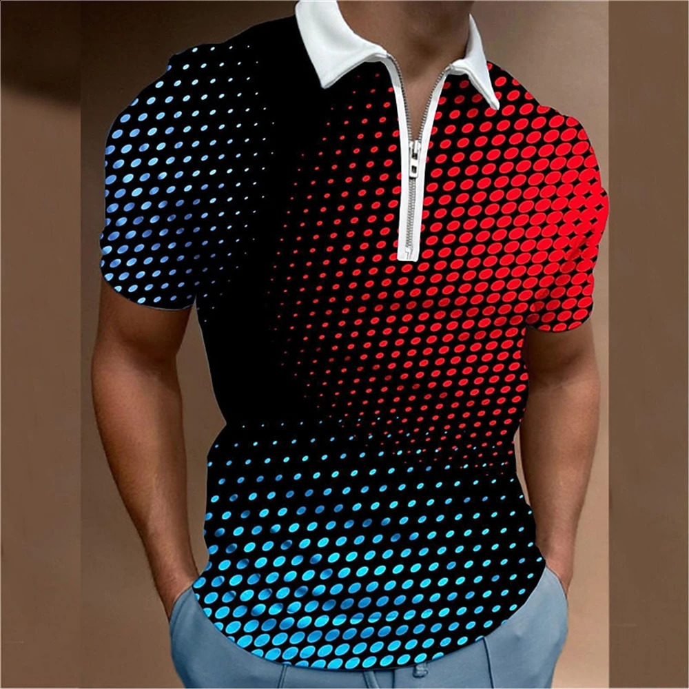 Colorful Printed MenS Polo T-Shirt Summer Golf Short Sleeve Zip Polo Shirt Spot Print Tops Fashion Loose Oversized Men Clothing 250218