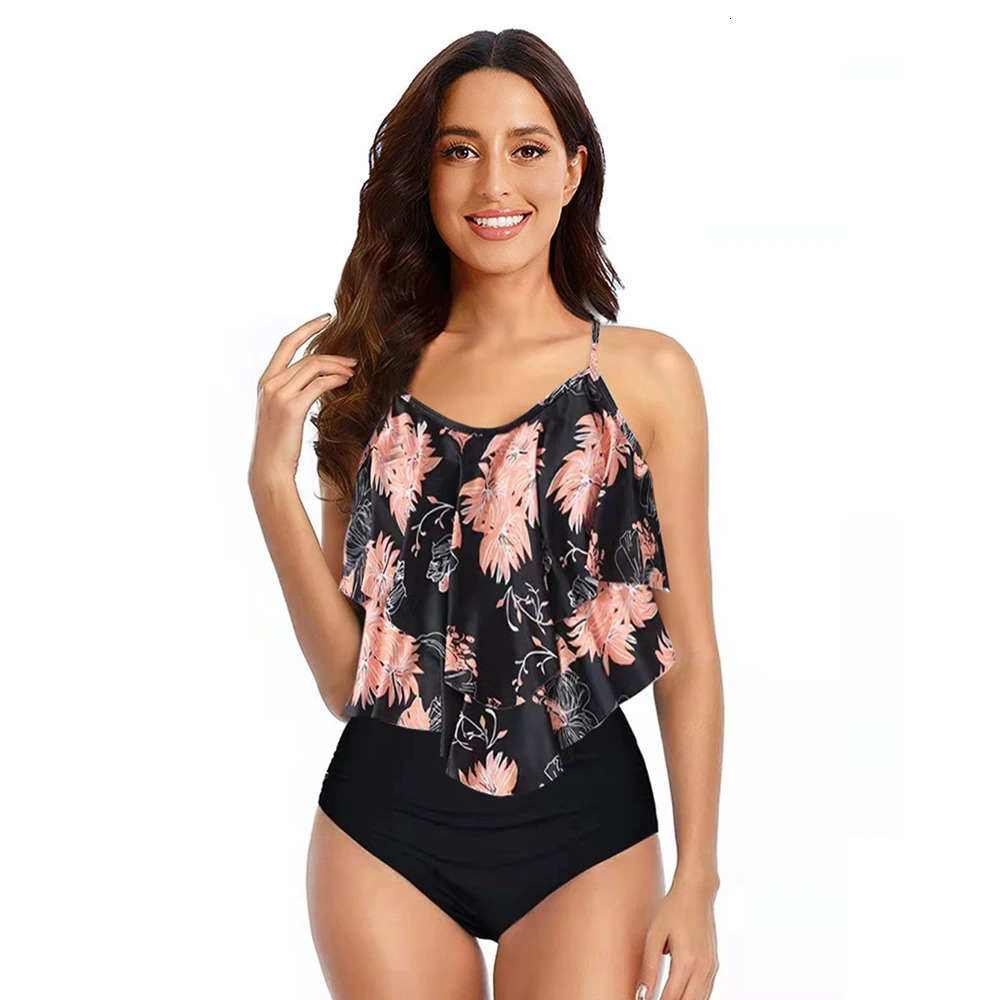 8 Color Ruffled Tankini Set Padded Top With Adjustable Shoulder Straps Elastic Slim Knitted High Waisted Beachwear 2024 250219
