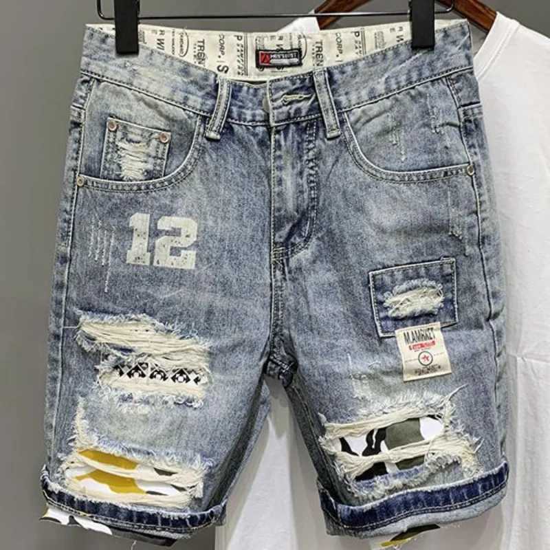 Men's Shorts Mens Denim Shorts Graphic with Text Half Long Mens Short Jeans Pants Multi Color Ripped Knee Length Retro Vintage Baggy Y2k Cut z250