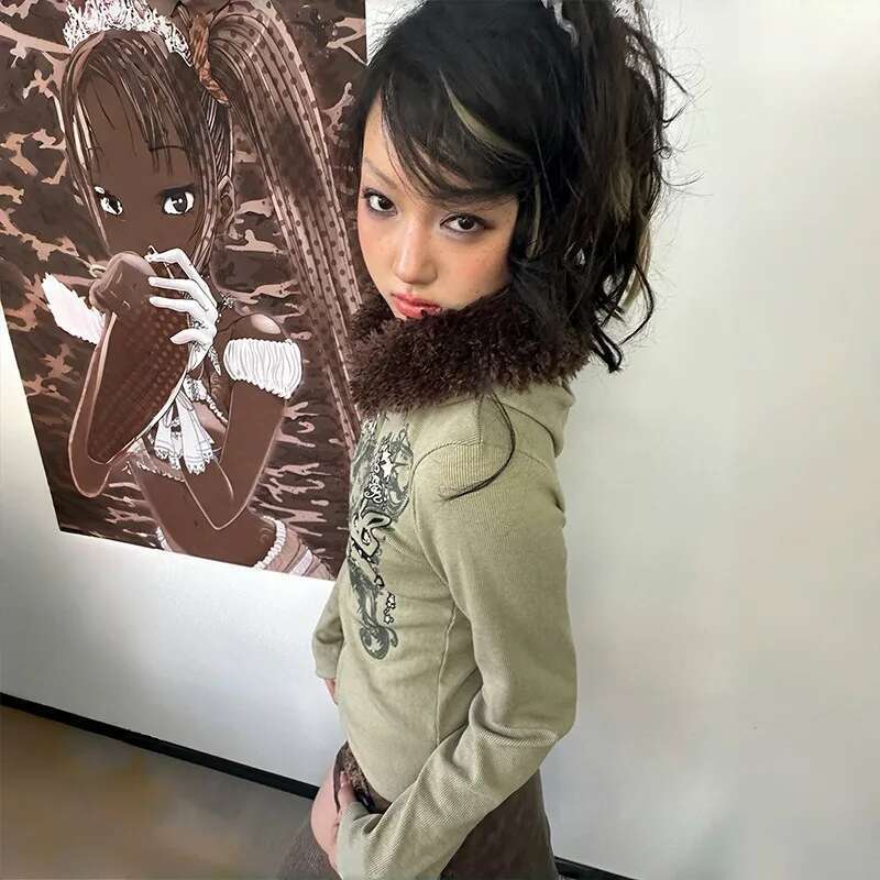 Karrram Japanese Y2k Fur Hooded Cardigan Vintage Haruku Tattoo Print Knitted Jacket Trashy 2000s Style Thick Ribbed Coat 90s