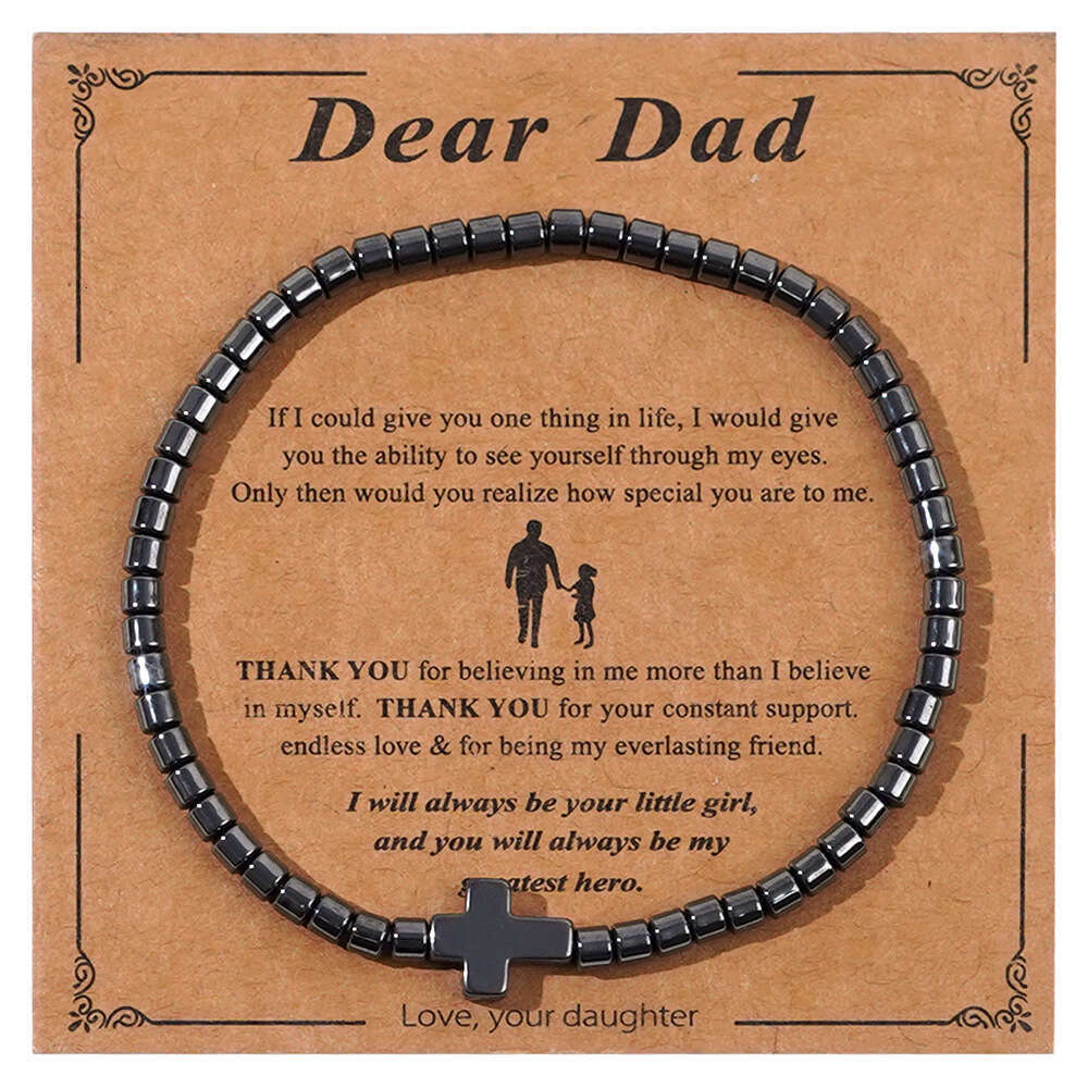 Gun colored cydrical black gallstones handmade men's cross elastic rope bracelet