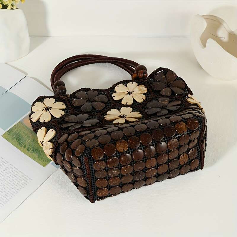 1pc Handcrafted Coconut Shell Bag, Ethnic Style Plastic Handbag with Closure, Polyester ed, No Edge Paint - White & Dark Brown, Secure Zipper Tote ral