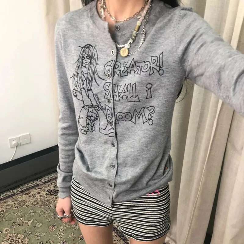 Haruku Long Sleeve Knit Cardigan Hoodie Japanese Style Y2k Gyaru Goth 90s Vintage Design T-shirt Trend Retro 2000s Outerwears