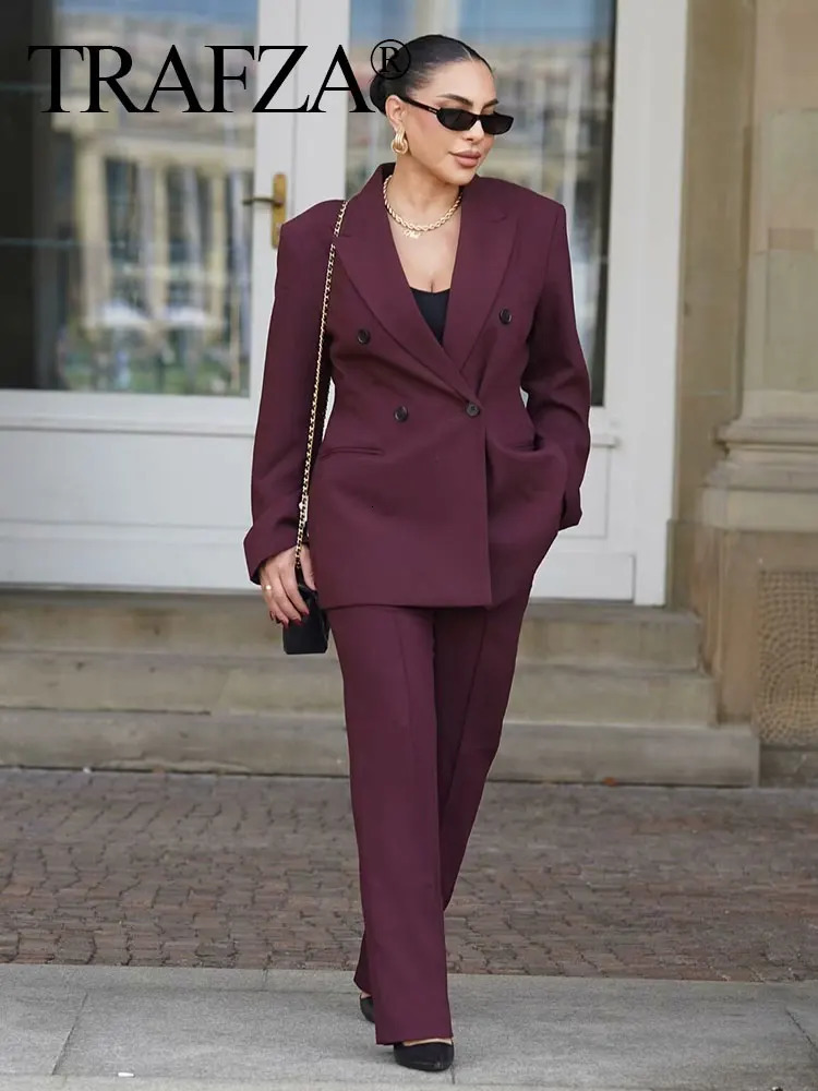 TRAFZA Womens Burgundy Blazer Sets Lapel Double Breasted Autumn Suit Coat Office Lady Commute Woman Wide Leg Long Pant 250218