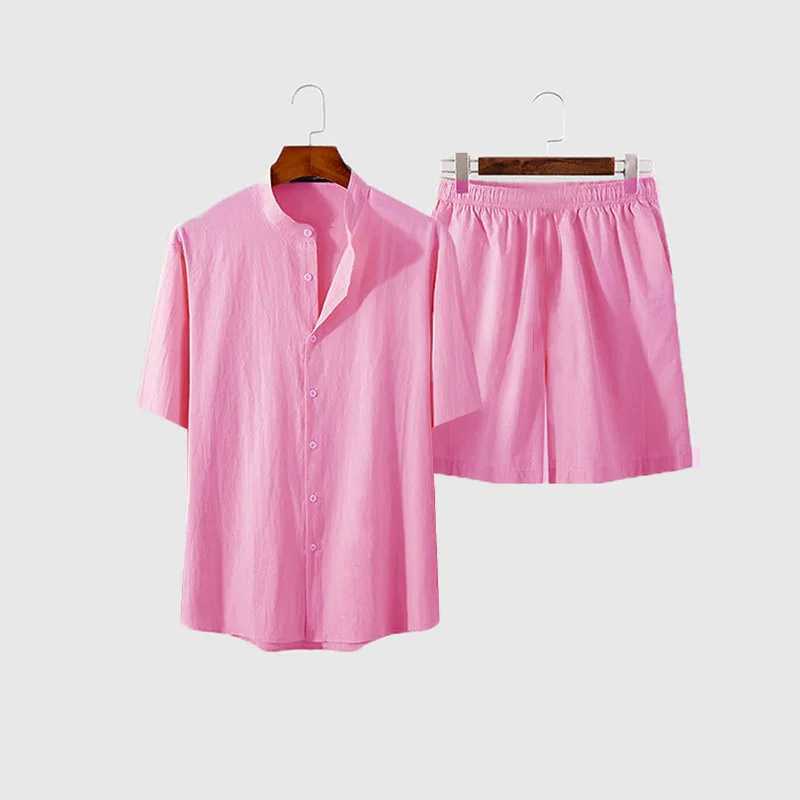 New Mens Hawaiian Set Summer Solid Color Stand Collar Short Sleeve Shirt Beach Shorts Streetwear High Quality 2-Piece Set 2023XJ250218