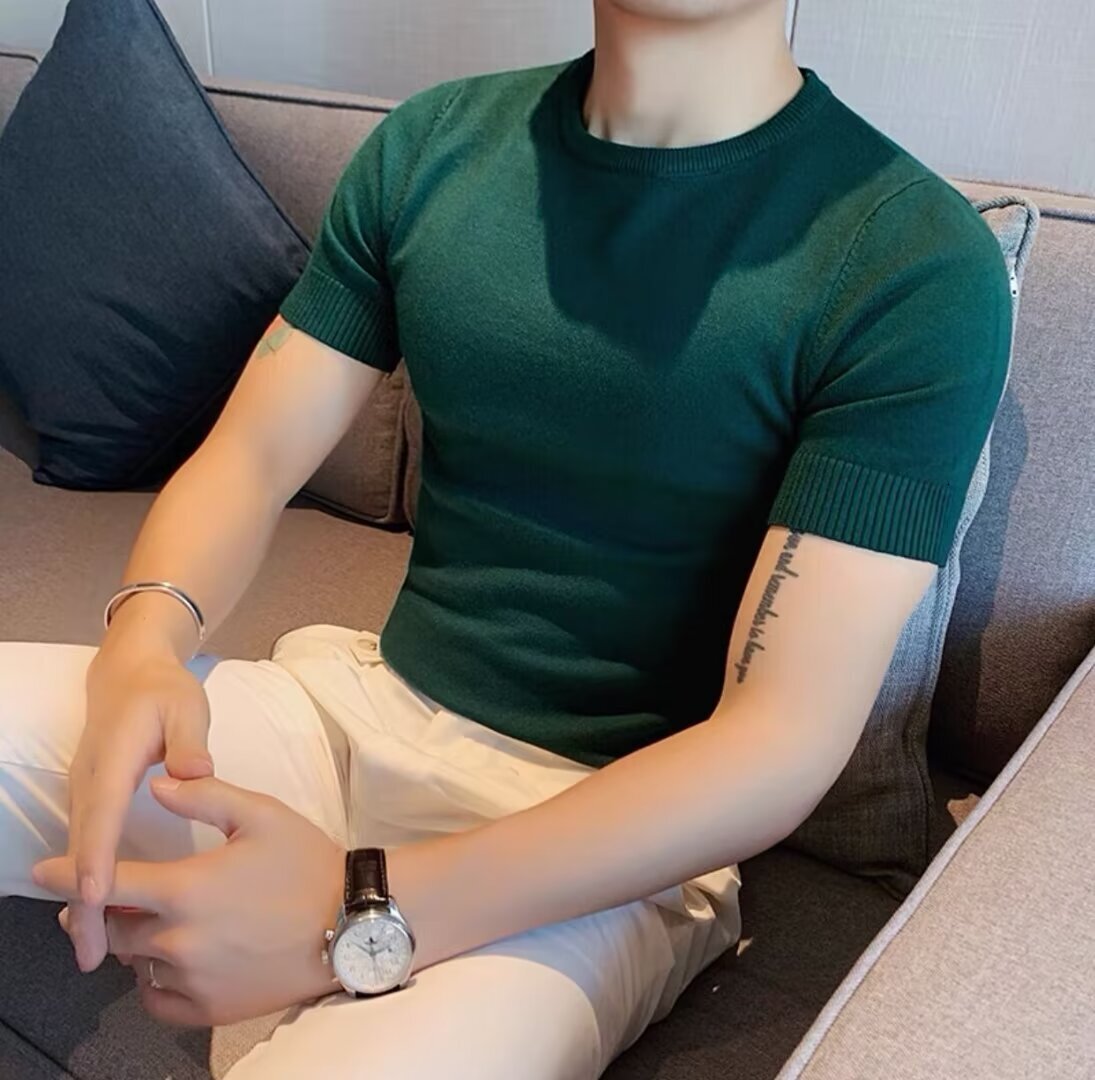 2025 New Solid Color Short Sleeved Casual Semi High Neck Designer T-shirt For Men's Spring Light Luxury Slim Fit Fashionable Short Sleeved T-shir