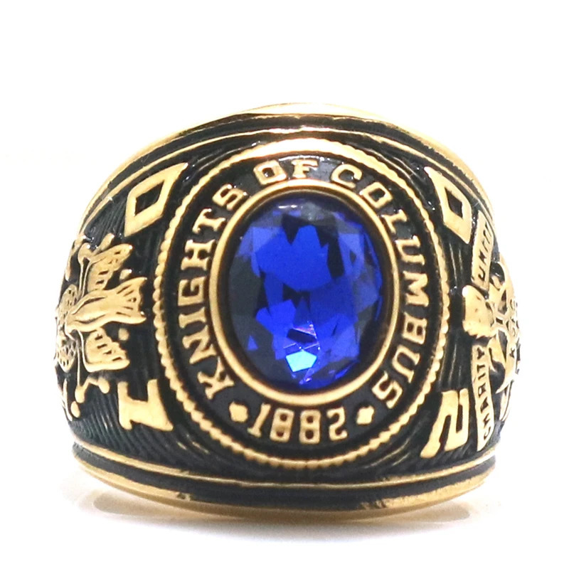 Unisex 316L Stainless Steel K of C Christianity Catholicism Blue Stone Gold-Color Ring Since 1882 250213